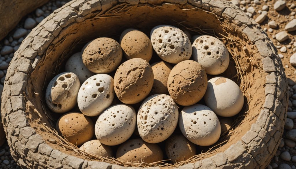 Œufs de dinosaures fossilisés dans leur nid sur le site de Mèze, dans l'Hérault