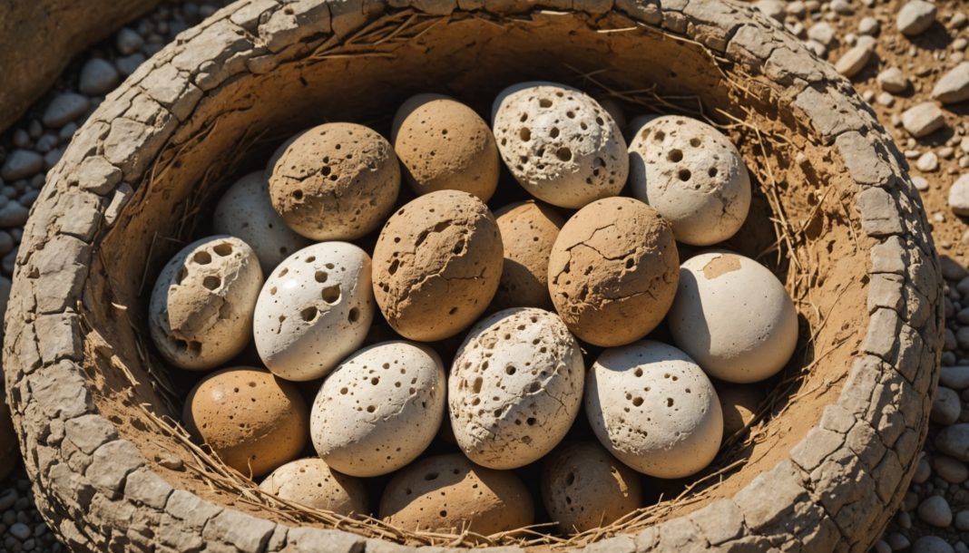 Œufs de dinosaures fossilisés dans leur nid sur le site de Mèze, dans l'Hérault