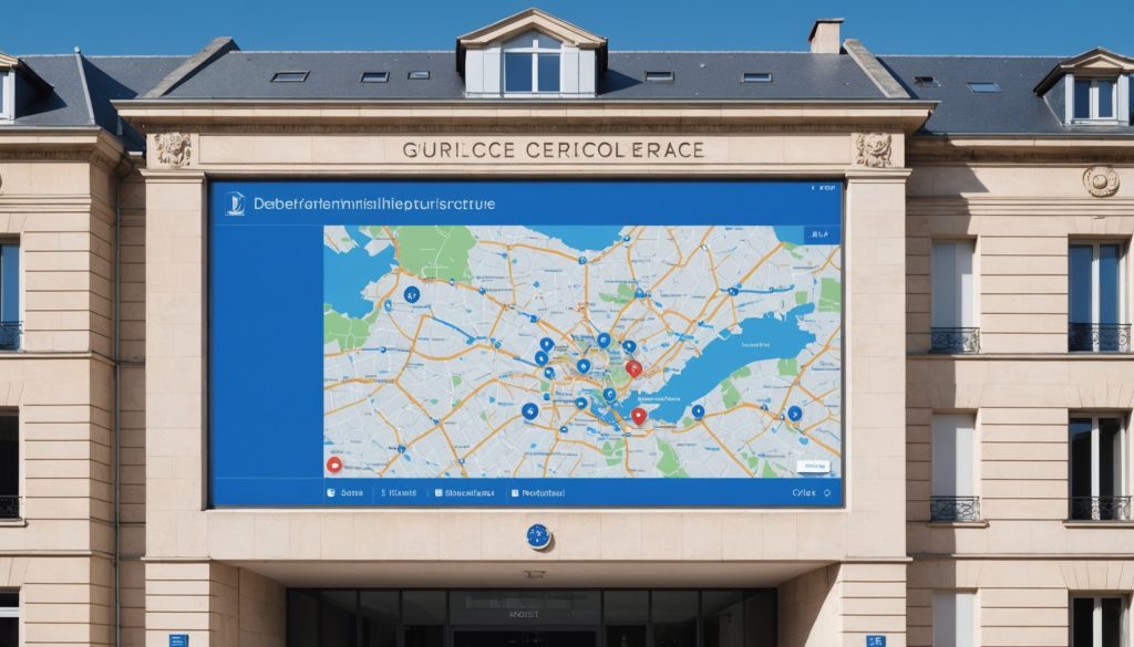 Bâtiment administratif français avec carte numérique des services publics de proximité