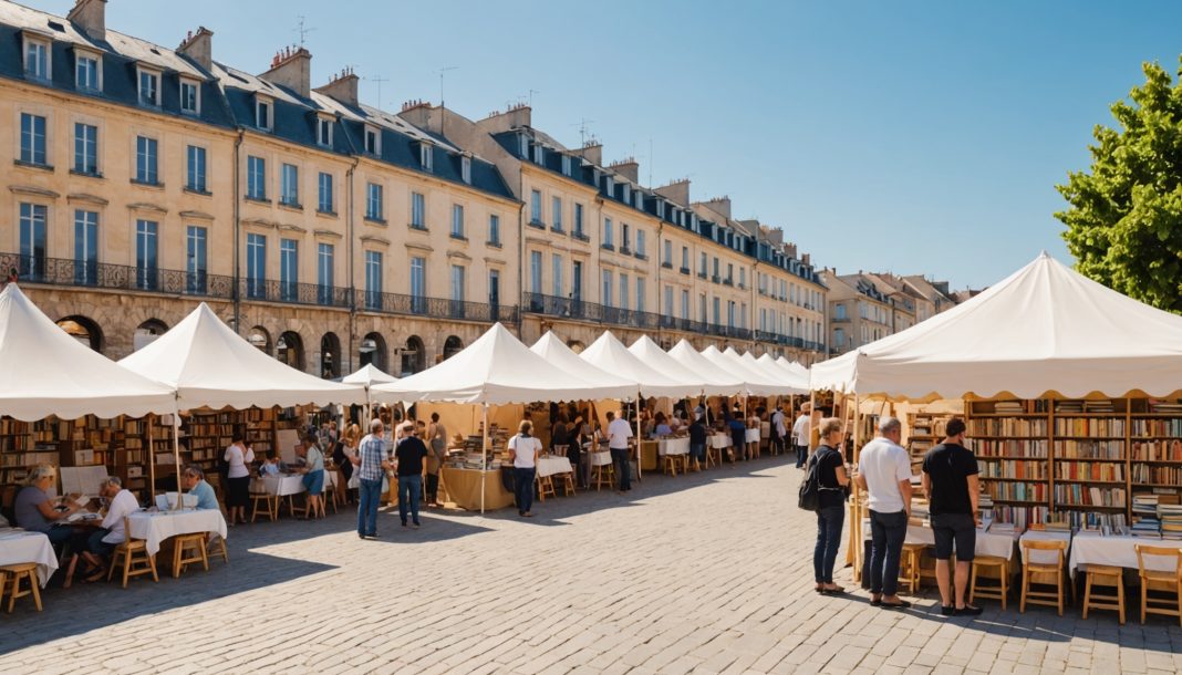 Festival littéraire en plein air sur un quai en été
