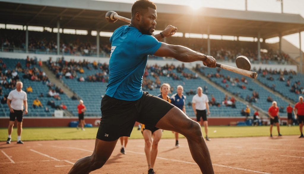 Athlete lancant un marteau lors d'une competition d'athletisme en plein air