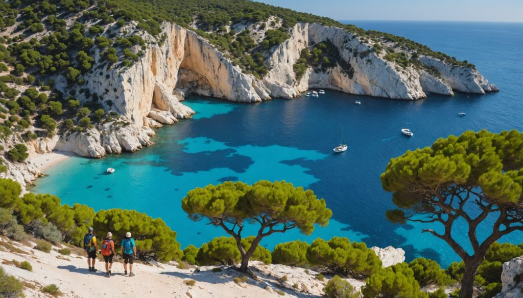 Calanque méditerranéenne aux eaux turquoise avec des randonneurs sur le sentier côtier