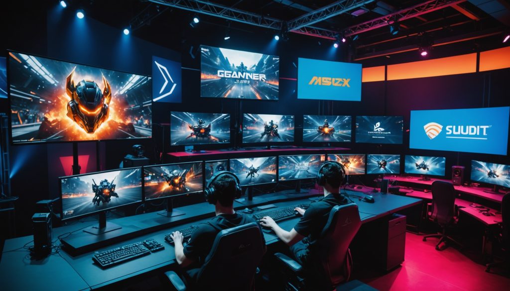 Ambiance d'un marathon de streaming caritatif avec plusieurs écrans et éclairage de scène