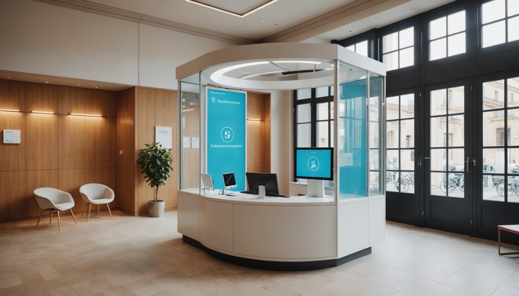Cabine de téléconsultation médicale connectée dans le hall d'une mairie française