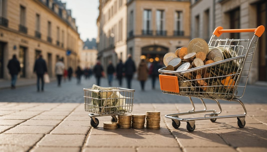 Illustration symbolisant la hausse de l'inflation en France, chariot de courses et euros