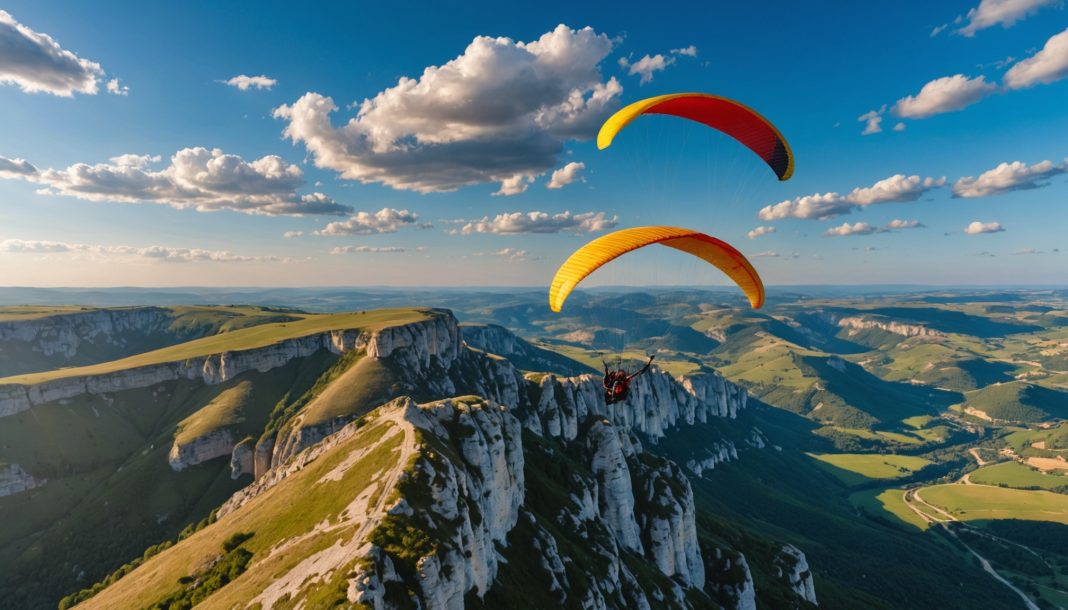 Parapentiste survolant les falaises calcaires du Larzac en Aveyron au coucher du soleil