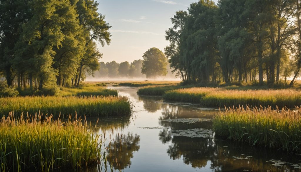 Zone humide restaurée en France au lever du soleil, illustration des projets de biodiversité