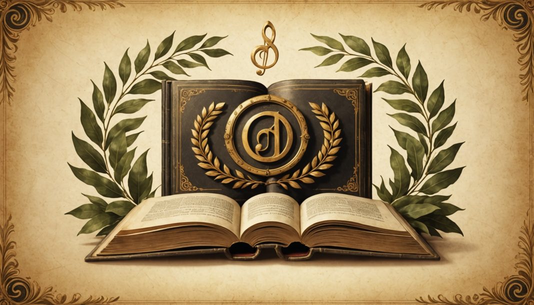 Livre ancien entouré de symboles du cinéma et de la musique, illustration du palmarès de l'Académie française