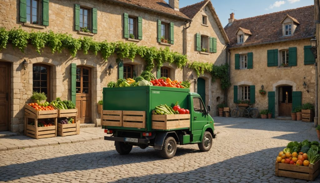 Camion-épicerie garé sur la place d'un village français, caisses de fruits et légumes frais à l'arrière