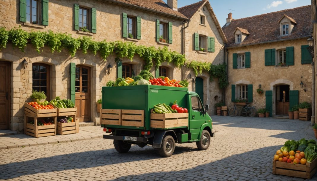 Camion-épicerie garé sur la place d'un village français, caisses de fruits et légumes frais à l'arrière