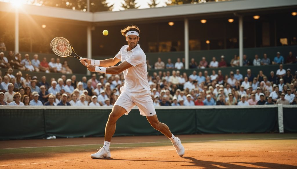 Joueur de tennis frappant un coup droit puissant sur court dur