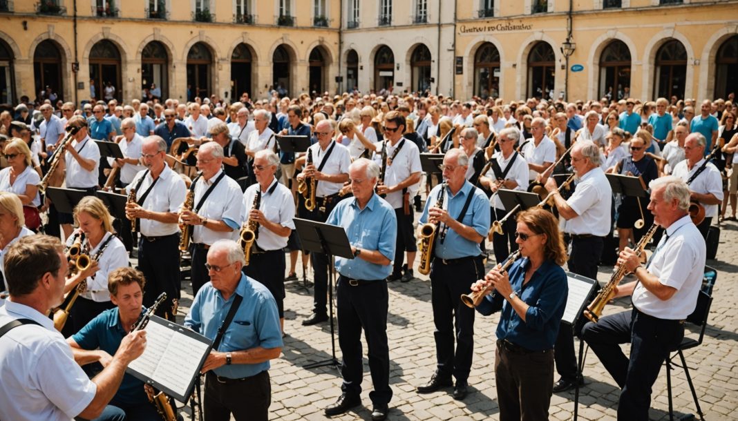 Foule de clarinettistes jouant ensemble en plein air lors d'un rassemblement record