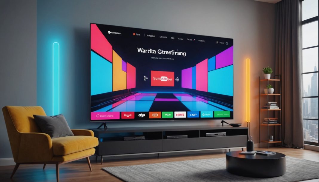 Smartphone et téléviseur affichant des contenus de streaming vidéo, illustration du lancement de RMC+