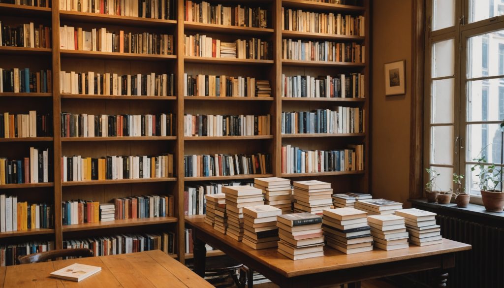 Piles de romans neufs sur une table en bois dans une librairie indépendante à la rentrée littéraire