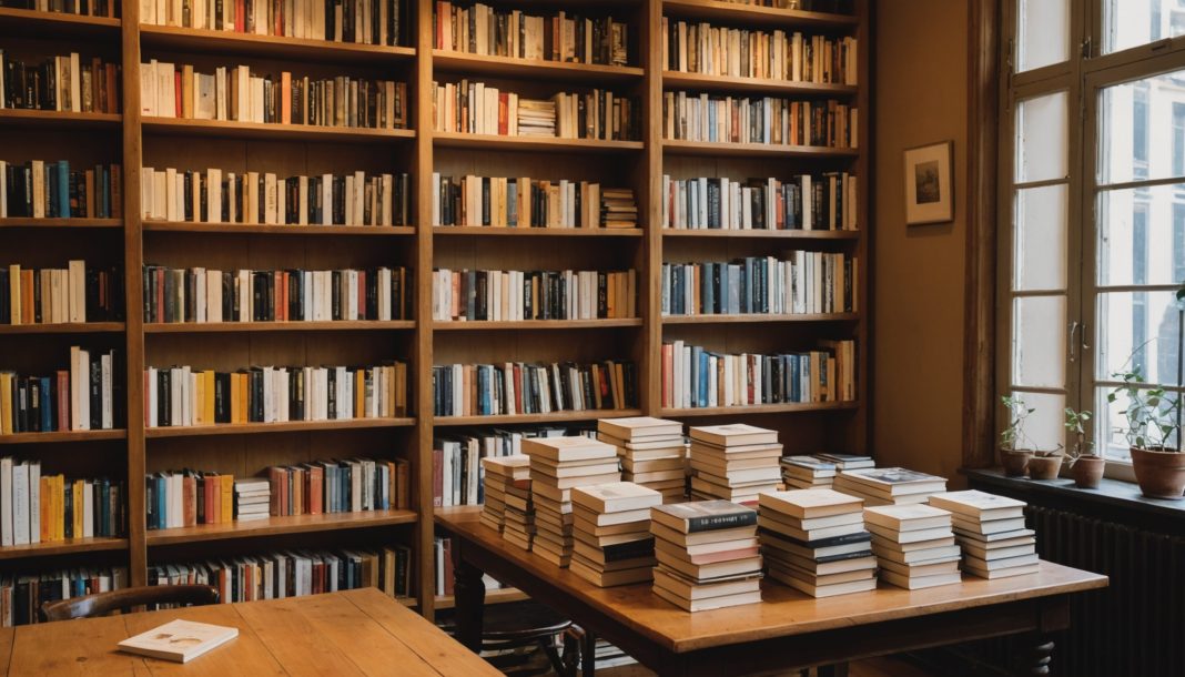 Piles de romans neufs sur une table en bois dans une librairie indépendante à la rentrée littéraire