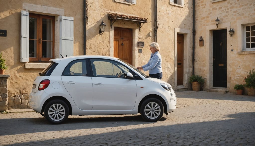 Professionnelle de l'aide à domicile montant dans un véhicule électrique dans un village français