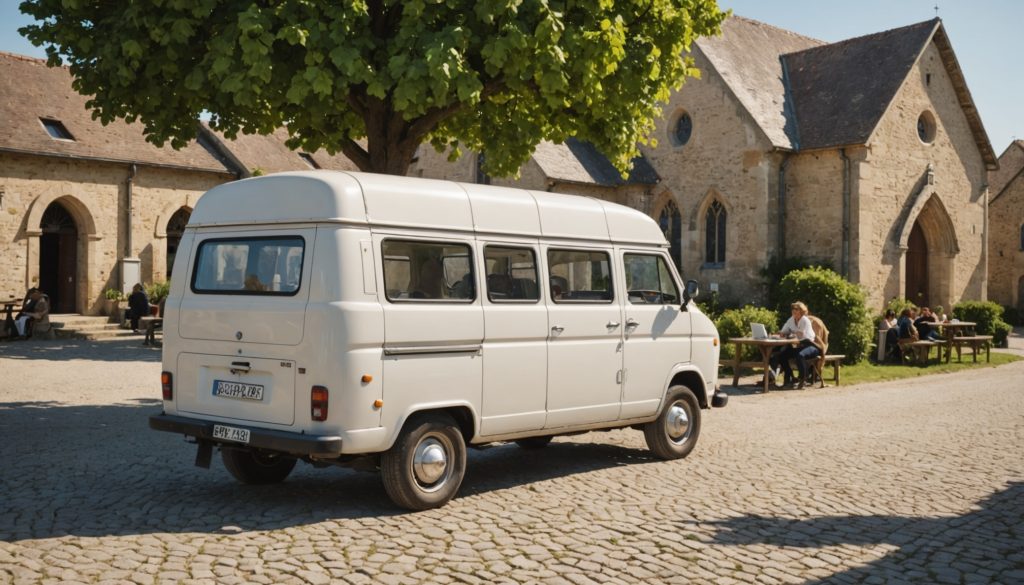 Camping-car itinérant proposant des services sociaux dans un village rural français