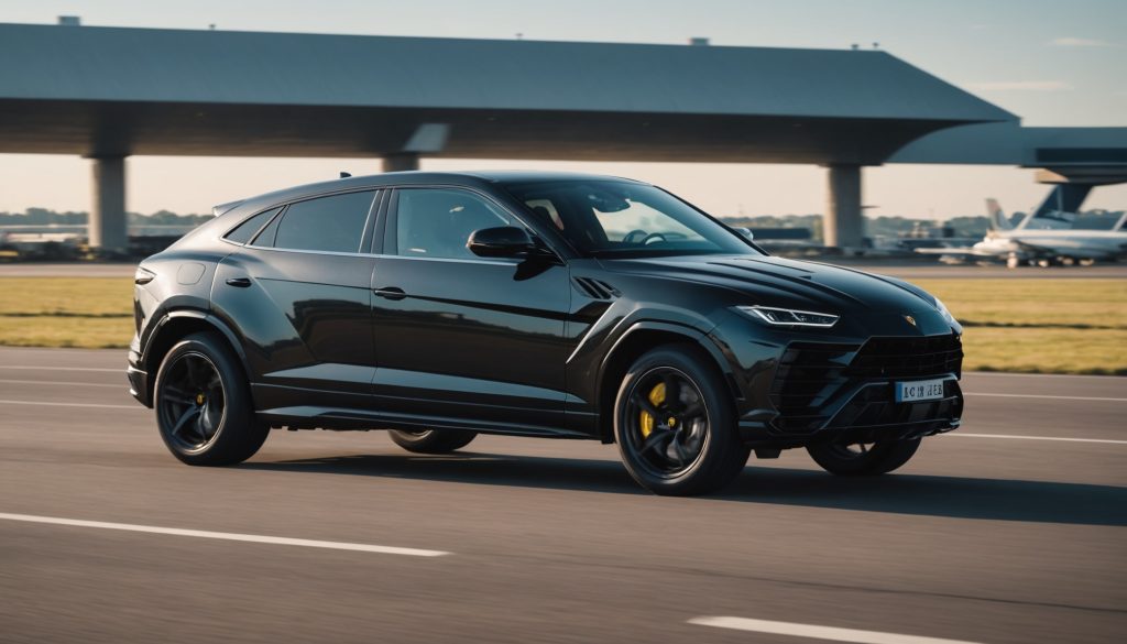 Lamborghini Urus lancée à pleine vitesse sur une piste d'aérodrome