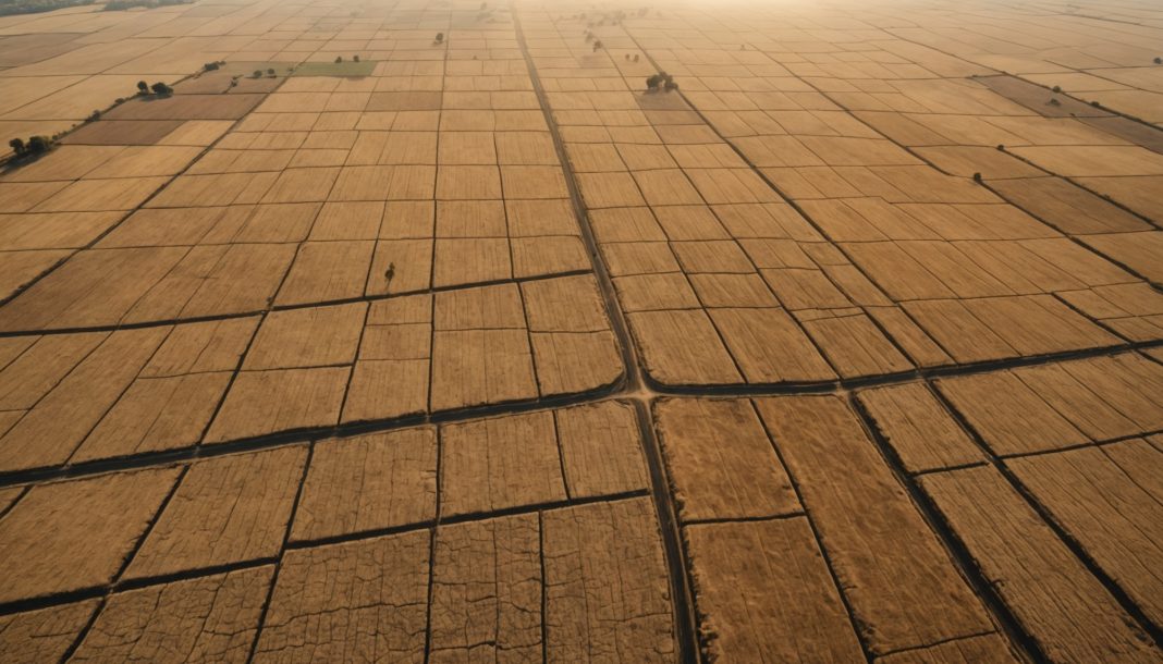 Paysage de campagne française desséchée sous une chaleur estivale intense