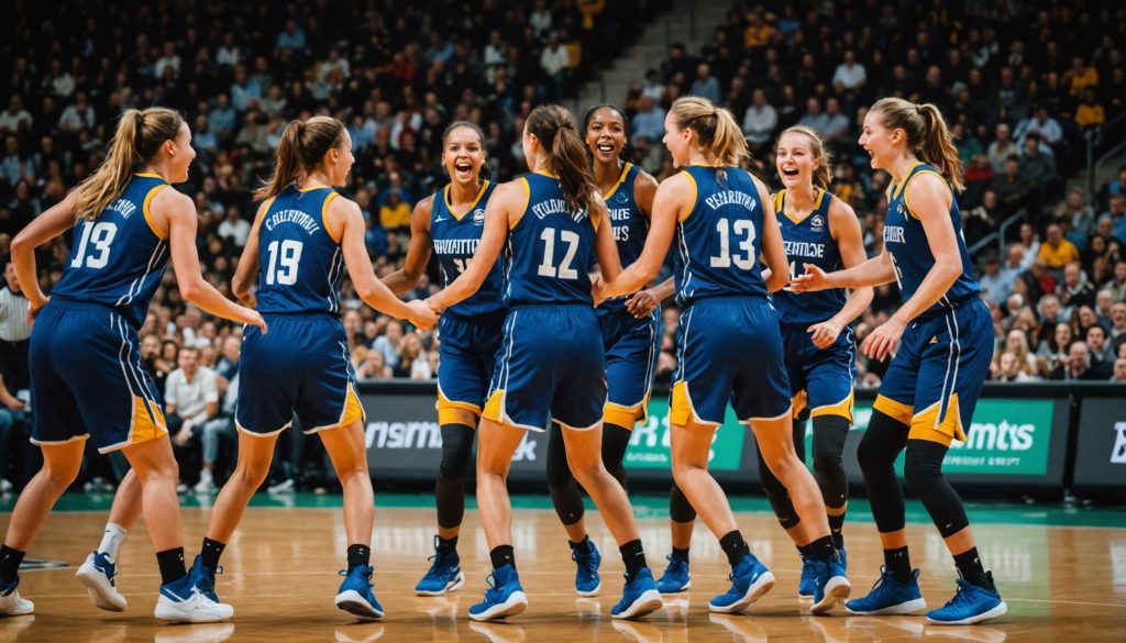 Joueuses de basket célébrant une victoire sur le terrain