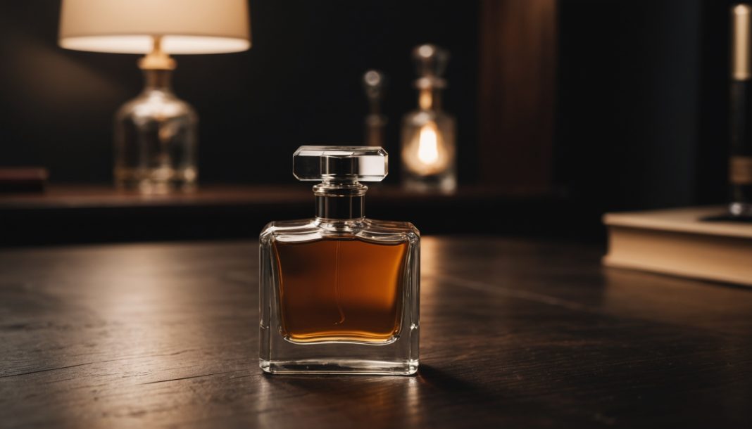 Flacon de parfum homme posé sur une table en bois avec un éclairage chaleureux