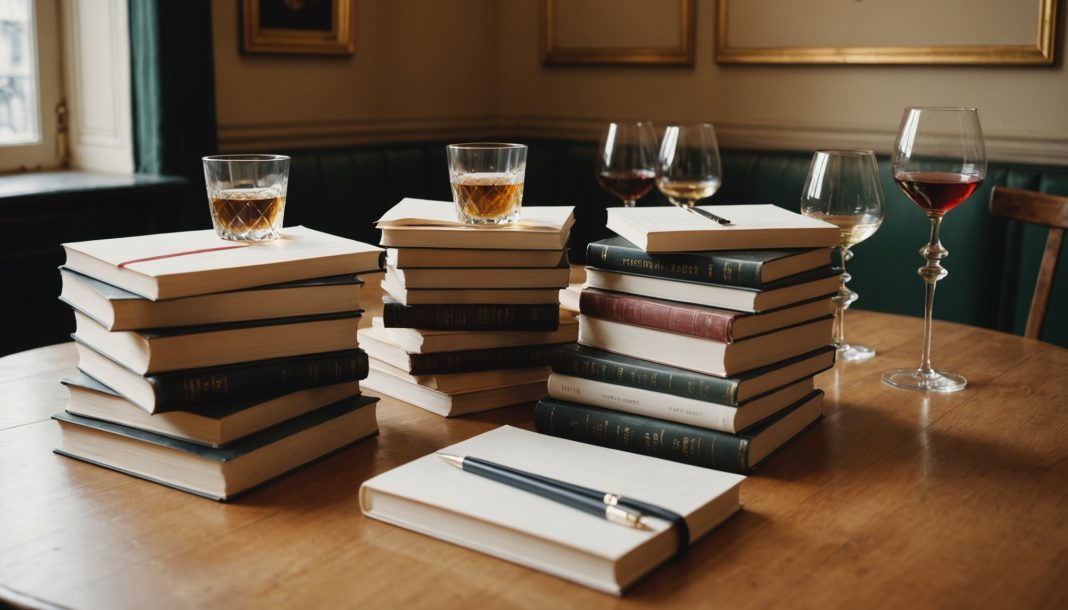 Table de brasserie parisienne avec des piles de romans, ambiance littéraire