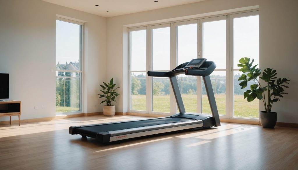 Tapis de course moderne installé dans un salon lumineux