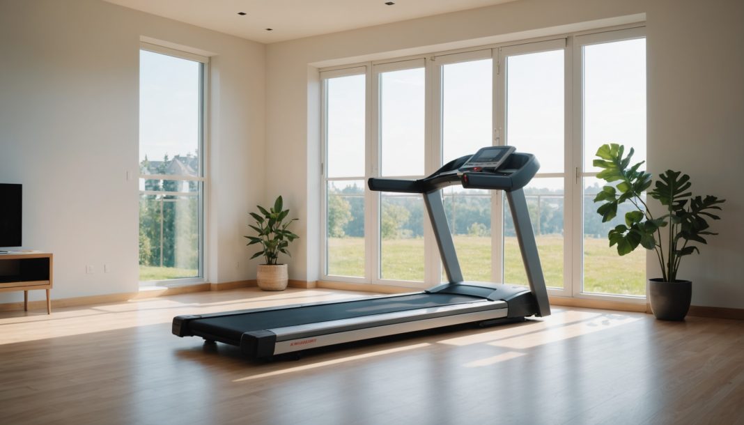 Tapis de course moderne installé dans un salon lumineux