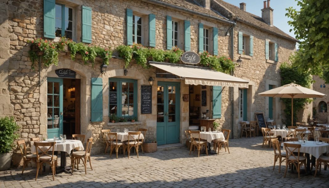 Petit café de village avec terrasse et façade en pierre, dans une rue de village rural en France
