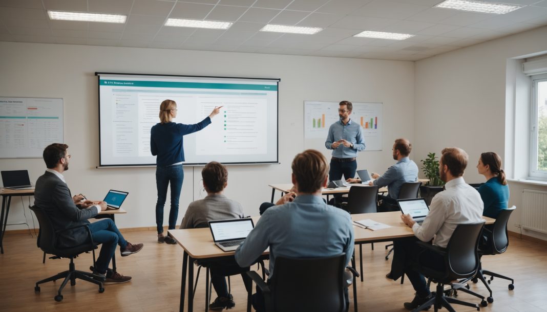 Séance de formation professionnelle avec un conseiller et des demandeurs d'emploi