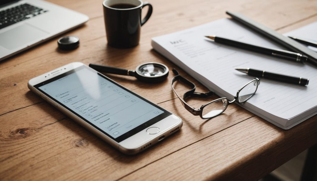 Smartphone posé sur un bureau avec une loupe et un carnet de notes