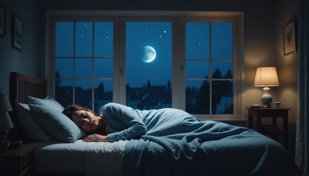 Personne endormie paisiblement dans une chambre plongée dans une lumière bleutée de nuit