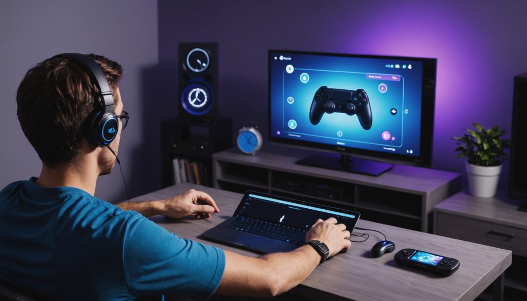 Personne jouant en cloud gaming sur un écran avec une manette et un minuteur