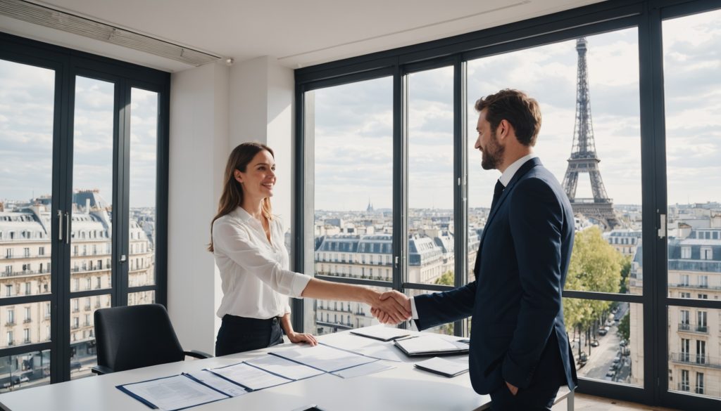 Recruteur et candidat lors d'un entretien en agence d'intérim à Paris