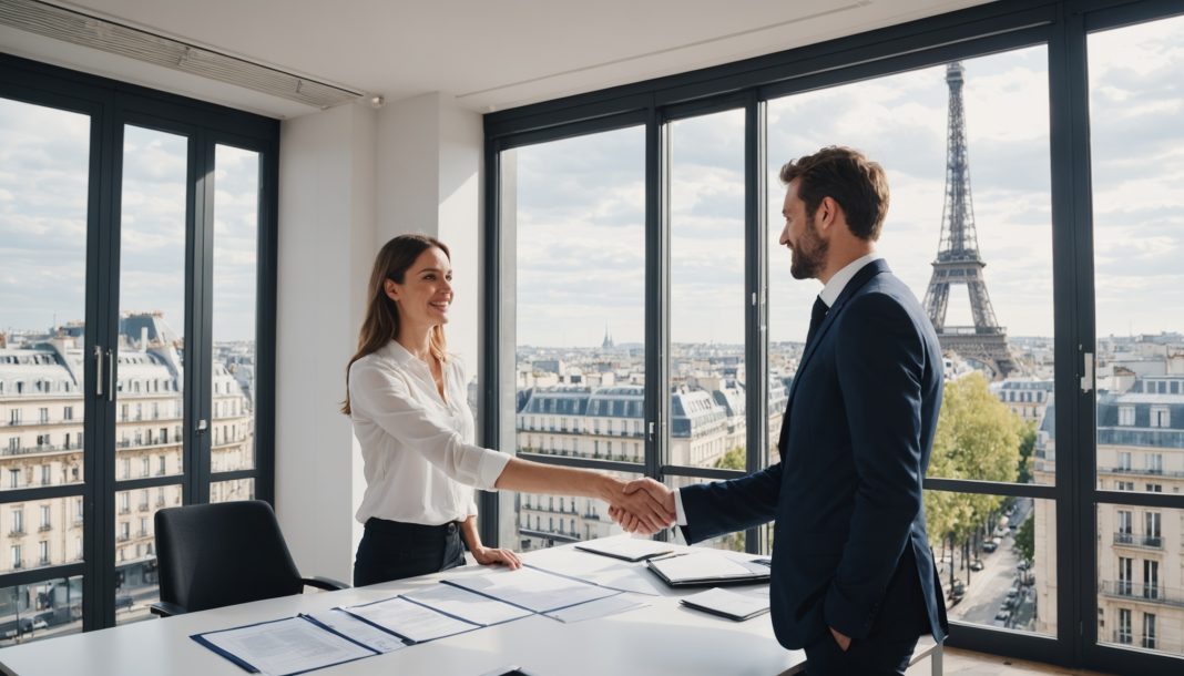Recruteur et candidat lors d'un entretien en agence d'intérim à Paris