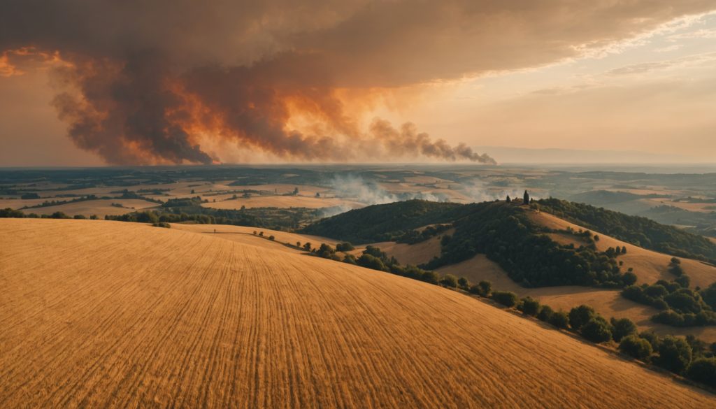Paysage de campagne française asséchée avec fumée d'incendie à l'horizon