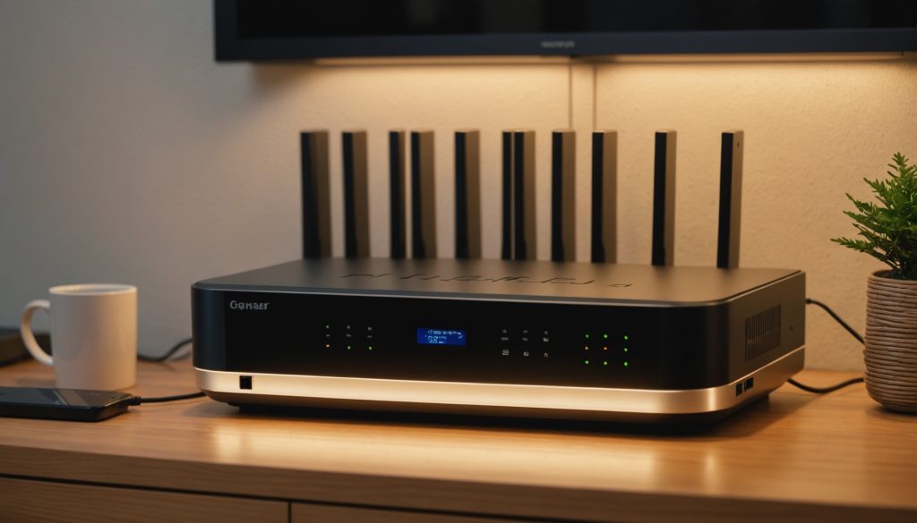 Box internet et routeur fibre optique dans un salon contemporain