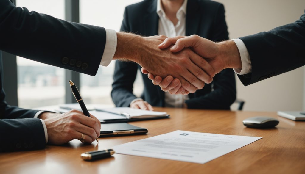 Employeur et salarié signant un accord de rupture conventionnelle au bureau