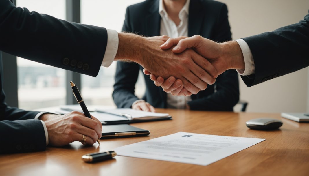 Employeur et salarié signant un accord de rupture conventionnelle au bureau