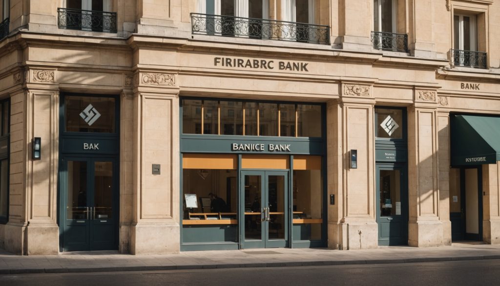Façade de banque avec graphique financier en hausse, illustration de la hausse des taux de crédit immobilier
