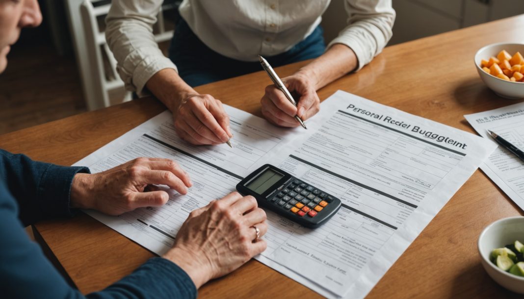 Personne qui étudie un contrat de crédit consommation et un budget à table