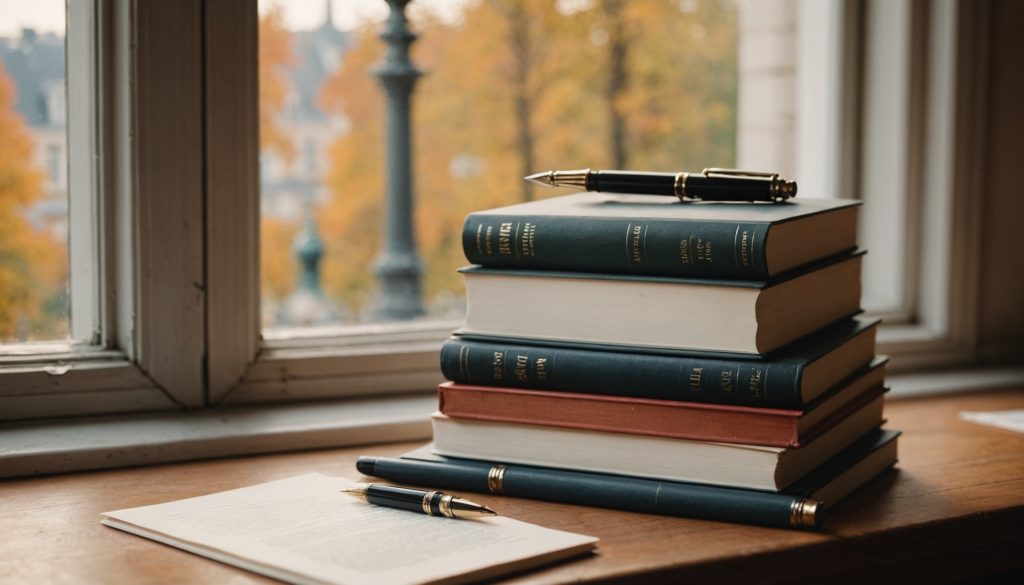 Pile de romans et stylo plume illustrant le Grand Prix du roman de l'Académie française