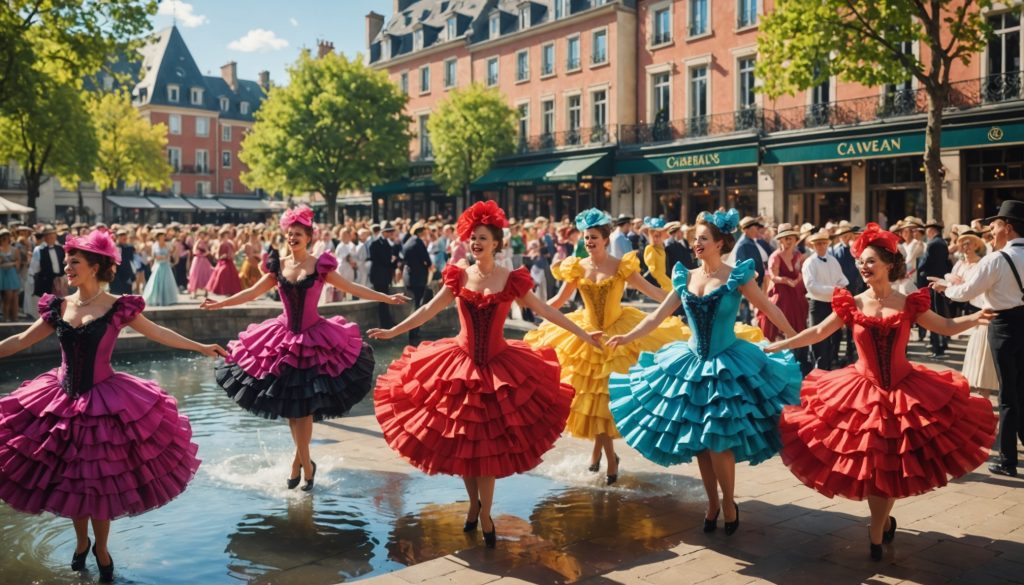 Grand groupe de danseurs de French cancan en costumes colorés sur une place au bord de l'eau
