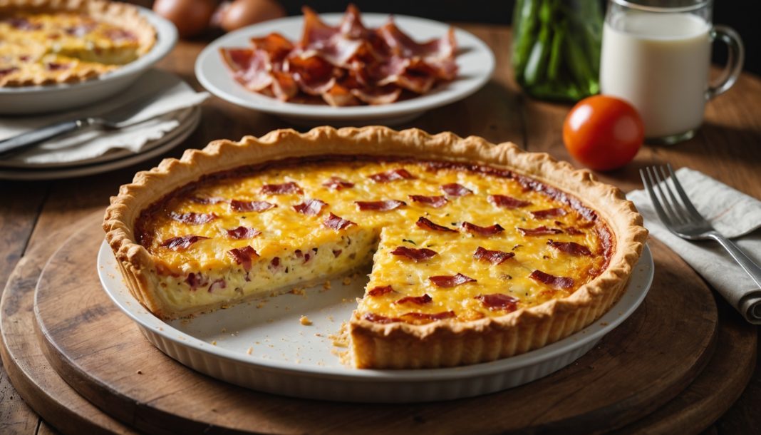 Quiche lorraine dorée sur une table en bois, illustration générée par IA