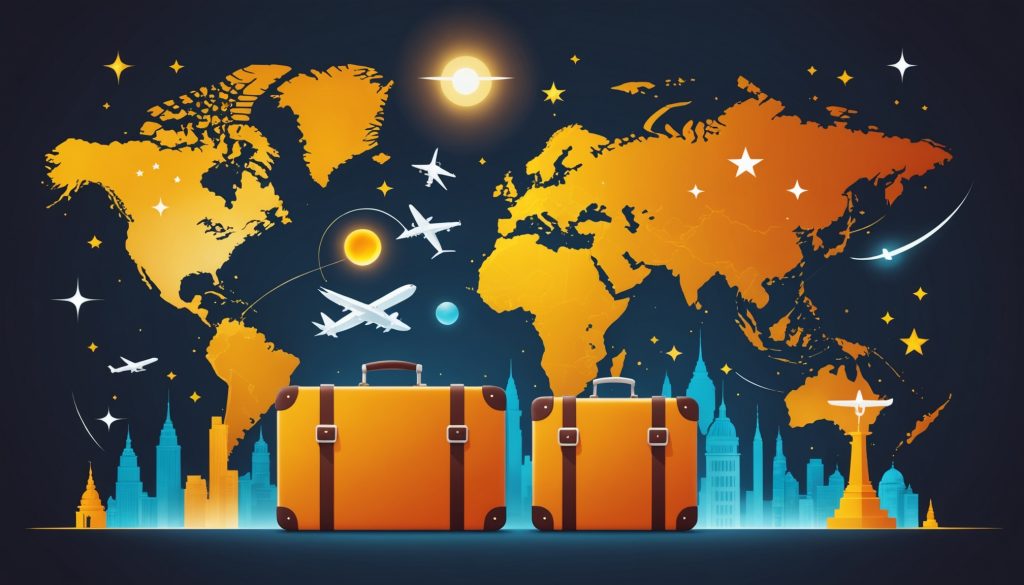 Illustration d'une carte du monde avec des icônes de voyage symbolisant un classement touristique mondial