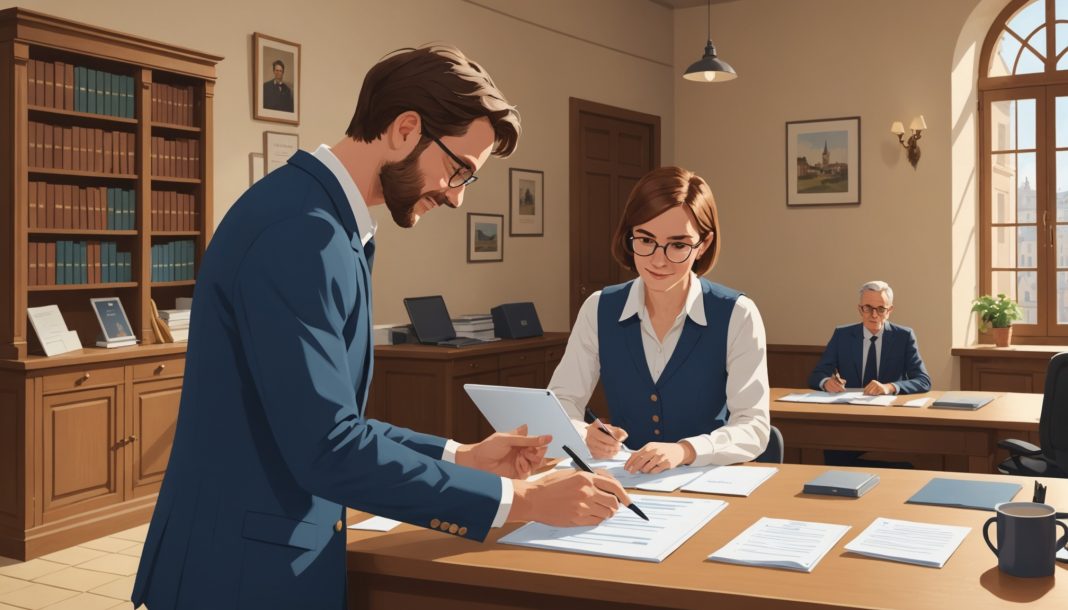Illustration d'un conseiller aidant un habitant dans ses démarches administratives dans un point de service de proximité