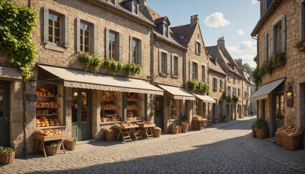 Rue commerçante d'un village français avec boulangerie, épicerie et atelier artisanal
