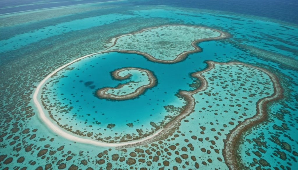 Vue aérienne d'un atoll des Tuvalu avec un lagon turquoise et des coraux blanchis sous l'eau peu profonde