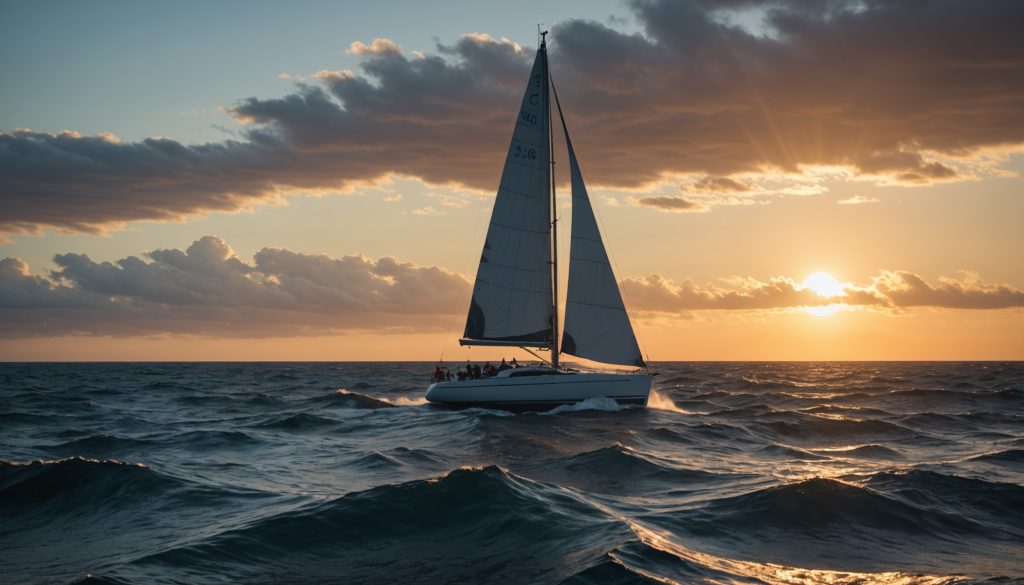 Voilier de course en solitaire sur l'océan Atlantique au coucher du soleil