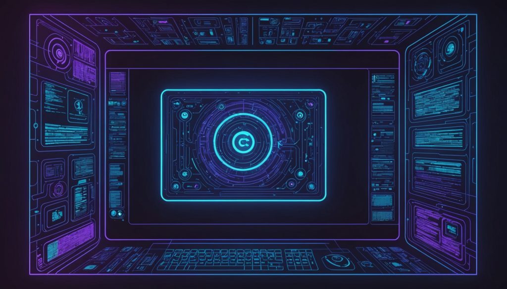 Illustration abstraite d'un éditeur de code et d'un réseau neuronal IA avec des icônes de jeu vidéo